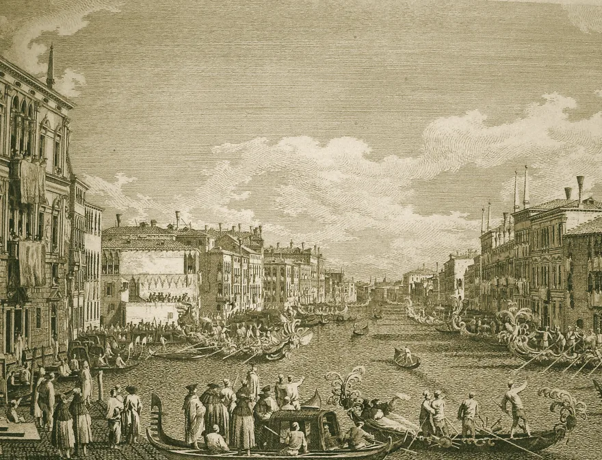 Regata sul Canal Grande verso il ponte di Rialto — incisione su disegno di Canaletto