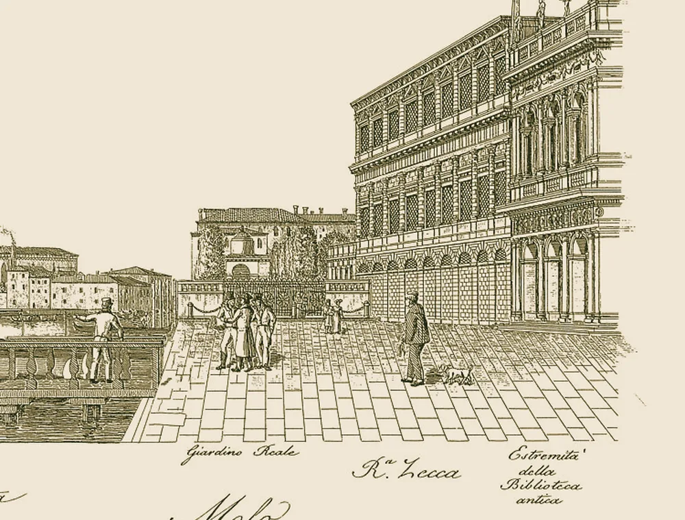La Piazzetta verso la Zecca e la Biblioteca, Venezia — dettaglio della veduta del 1831, con i toponimi gravati