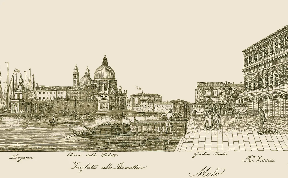 Il molo di Venezia verso la Punta della Dogana, la Salute e la Zecca — veduta incisa del 1831, con i toponimi nella legenda