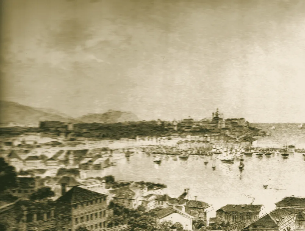 Il porto di Genova visto dall&rsquo;alto, velieri in rada — veduta del 1835 circa